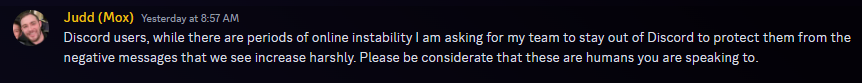 Judd describing harassment devs are facing on Discord